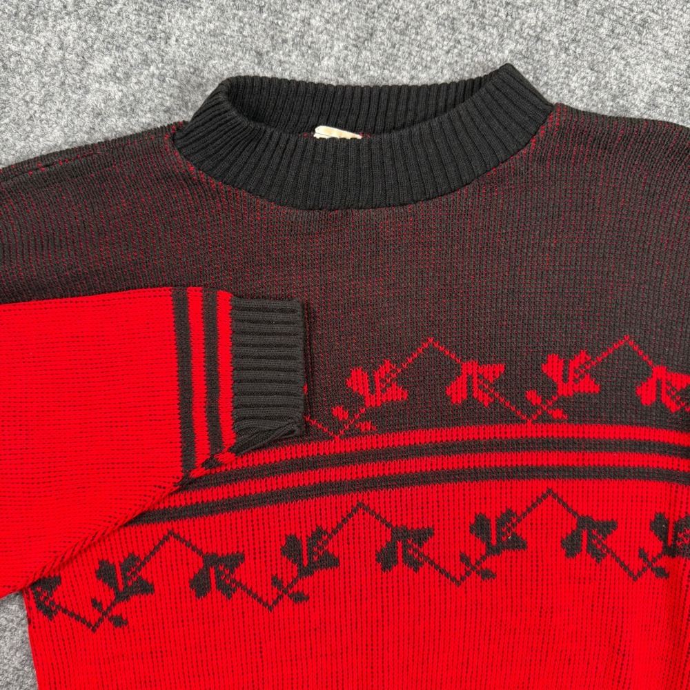Vintage Brunny‎ Sweater Small Red Black Knit Leaf Pattern Acrylic Women's Unisex